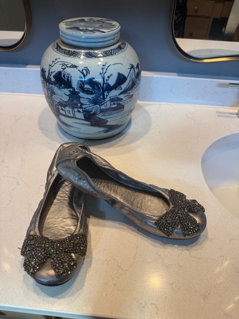 Tory Burch Gunmetal Crystal Bow Ballet Flats